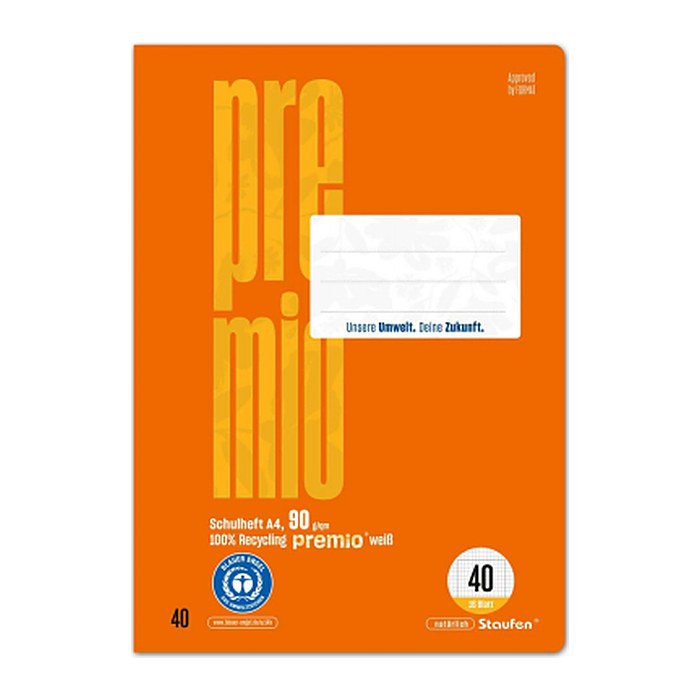 Staufen® Schulheft Premio Lineatur 40 kariert DIN A4 Rand rundum, 16 Blatt, 1 St.