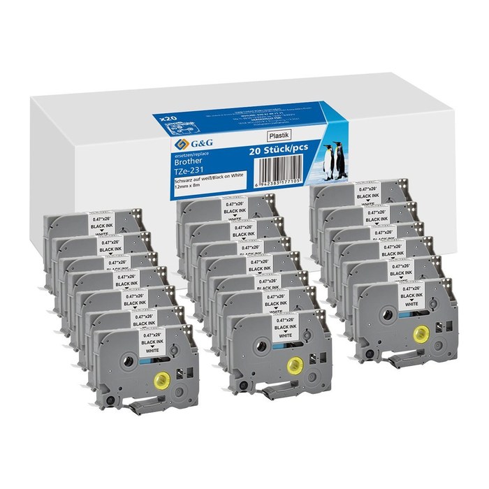 G&G Schriftbänder ersetzen brother TZe-231 21568 21568 ersetzt brother TZe-231 , 12 mm, schwarz auf weiß, 20 St.