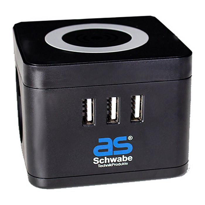 as-Schwabe QI-Wireless Ladestation 2-fach Steckdosenturm 1,5 m schwarz mit USB-Buchse