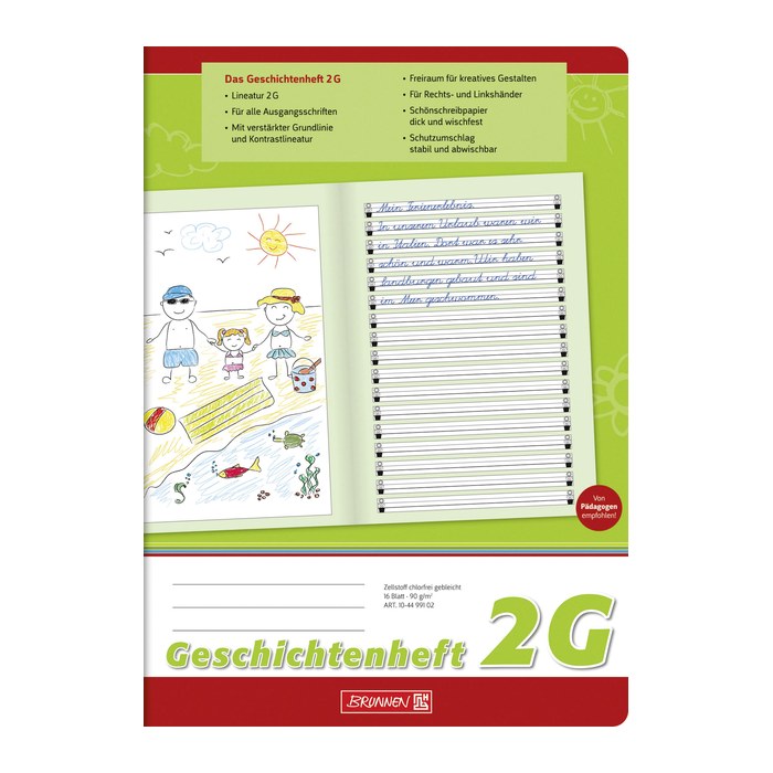 BRUNNEN Geschichtenheft Lineatur 2G liniert DIN A4 ohne Rand, 16 Blatt, 1 St.