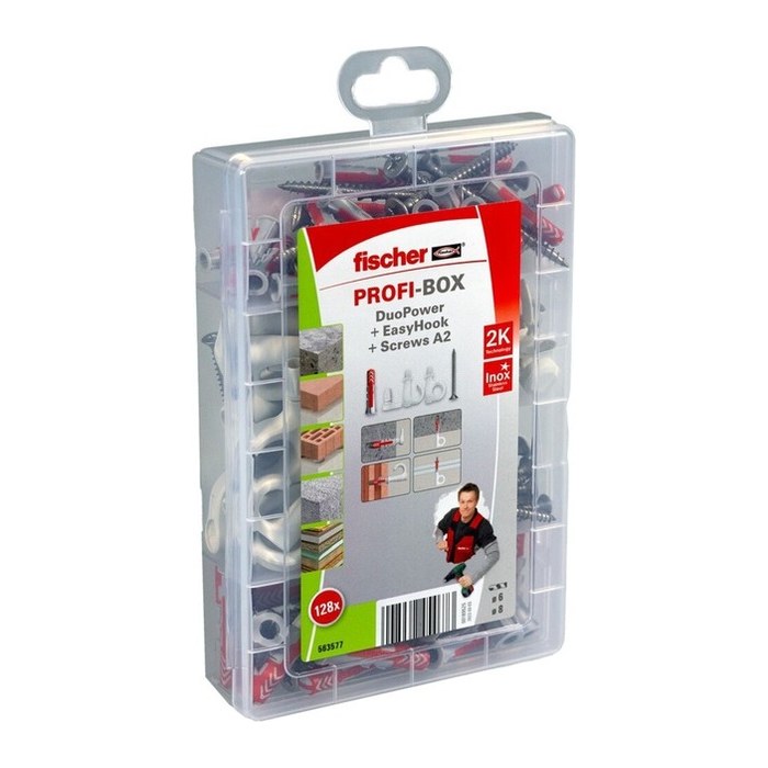 fischer easyDIY Box Outdoor EasyHook rostfrei 563577 Dübel- und Schrauben-Sortiment, 128-teilig