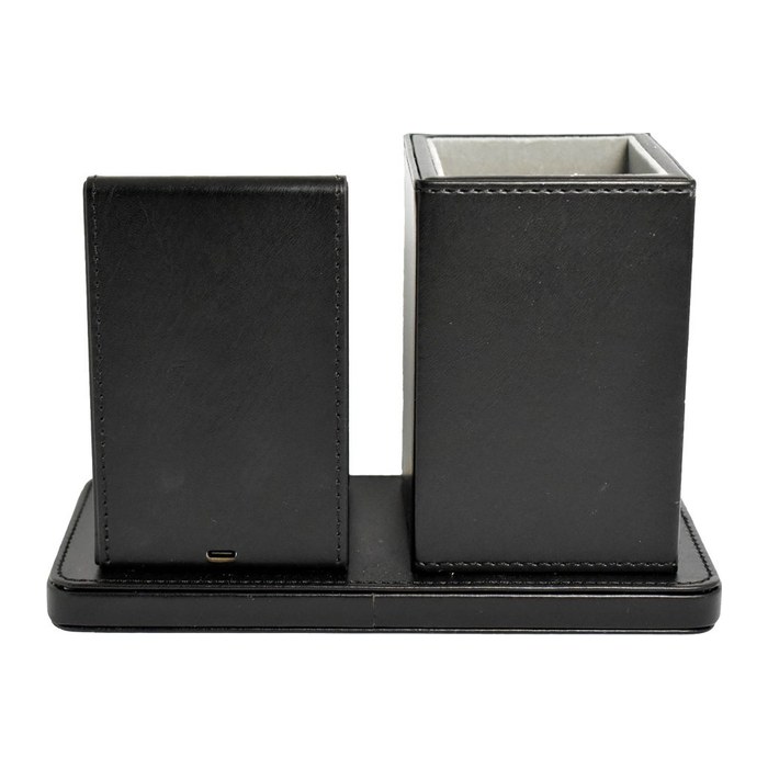 deflecto Schreibtisch-Organizer mit Qi-Ladefunktion schwarz Lederimitat 21,0 x 10,5 x 14,3 cm