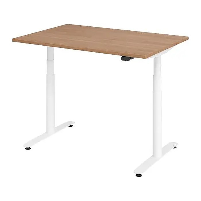 HAMMERBACHER VXDLR12 elektrisch höhenverstellbarer Schreibtisch nussbaum rechteckig, T-Fuß-Gestell weiß 120,0 x 80,0 cm