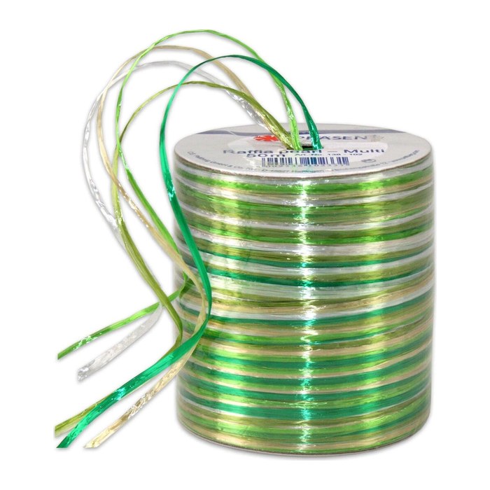 PRÄSENT Geschenkband Raffia glänzend grün/hellgrün/weiß 3,0 mm x 50,0 m