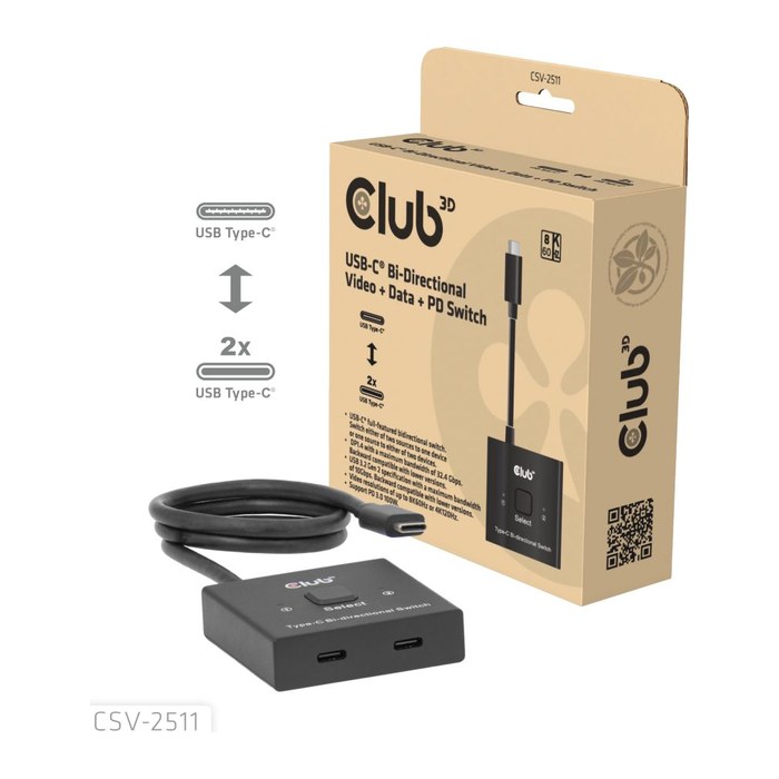 Club3D USB-C Switch 2<->1 10Gbps + 100W PD St/Bu retail