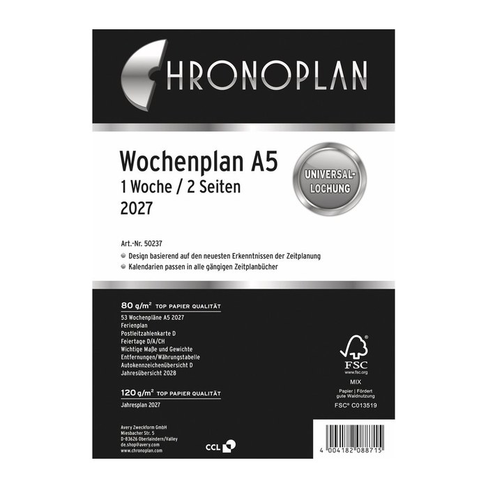 CHRONOPLAN Kalendereinlage 2027 Wochenplan A5