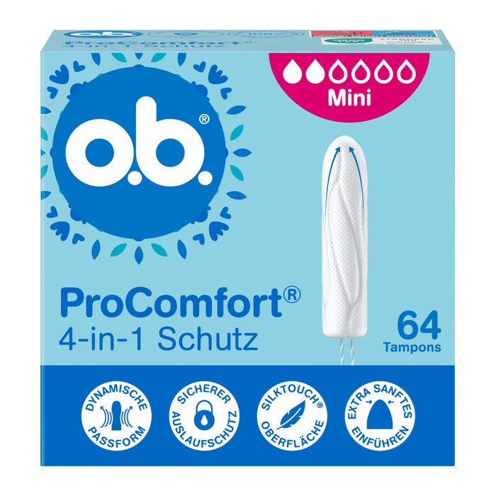 o.b. Tampons ProComfort Mini 4-in-1 Schutz für leichte bis mittlere Periode, 64 St.