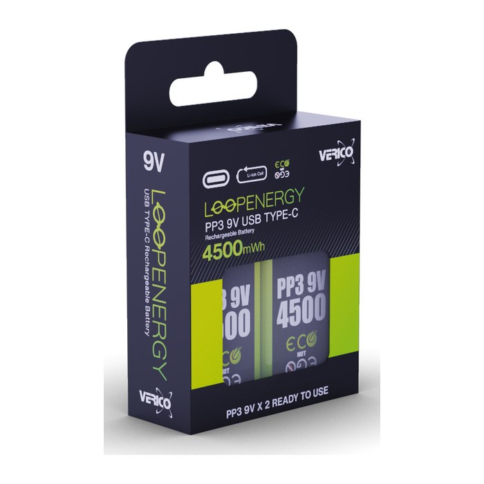 VERICO USB-Akkus mit Ladekabel LoopEnergy PP3 9V Li-Ion E-Block 500 mAh, 2 St.