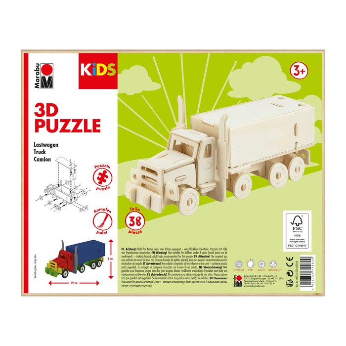 Marabu KiDS Lastwagen 3D-Puzzle, 38 (bemalbar) Teile