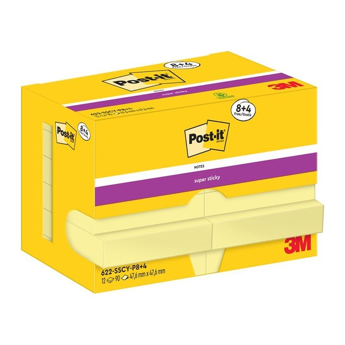 8 + 4 GRATIS: Post-it® Super Sticky Notes Haftnotizen extrastark gelb, 8 Blöcke + GRATIS 4 Blöcke