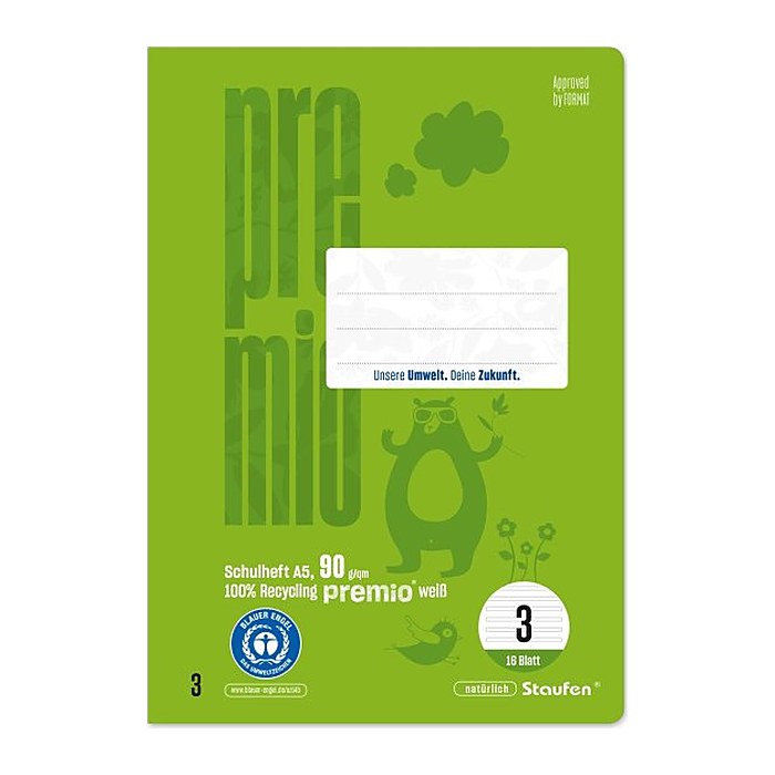 Staufen® Schulheft Premio Lineatur 3 liniert DIN A5 ohne Rand, 16 Blatt, 1 St.