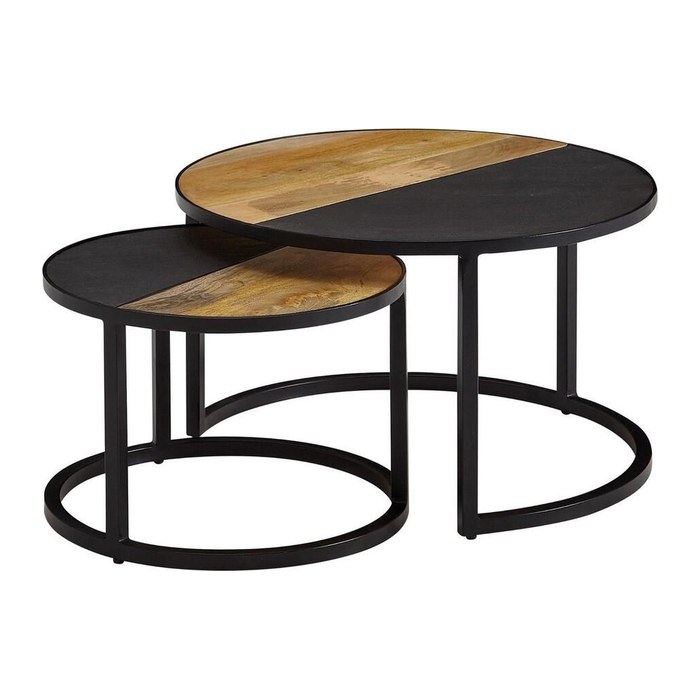 WOHNLING Couchtische-Set rund Massivholz schwarz, 1 Set