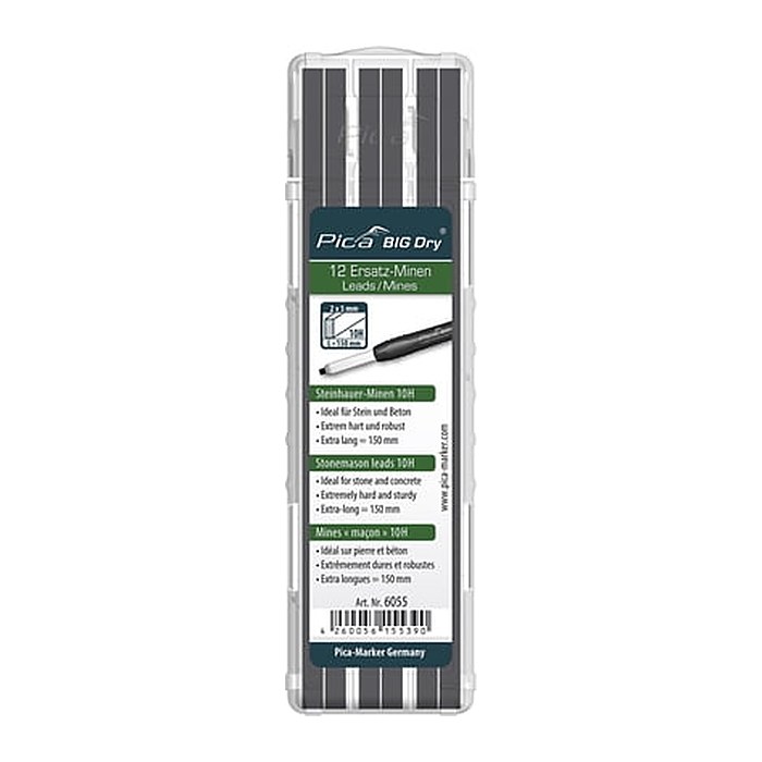 Pica Big Dry Steinnhauer 6055 Bleistiftminen für Zimmermannsbleistift mit Druckmechanismus grau 10H 2,0 - 5,0 mm, 12 St.