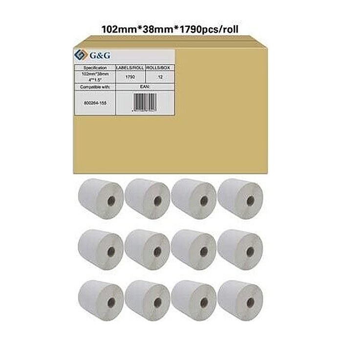 G&G Etikettenrollen für Etikettendrucker ersetzt Zebra 800264-155 weiß, 102,0 x 38,0 mm, 12 x 1790 Etiketten
