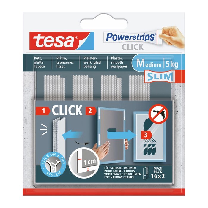 tesa Powerstrips Click MEDIUM Slim Klett-Klebestreifen für max. 5,0 kg, 1,0 x 8,0 cm, 16 St.