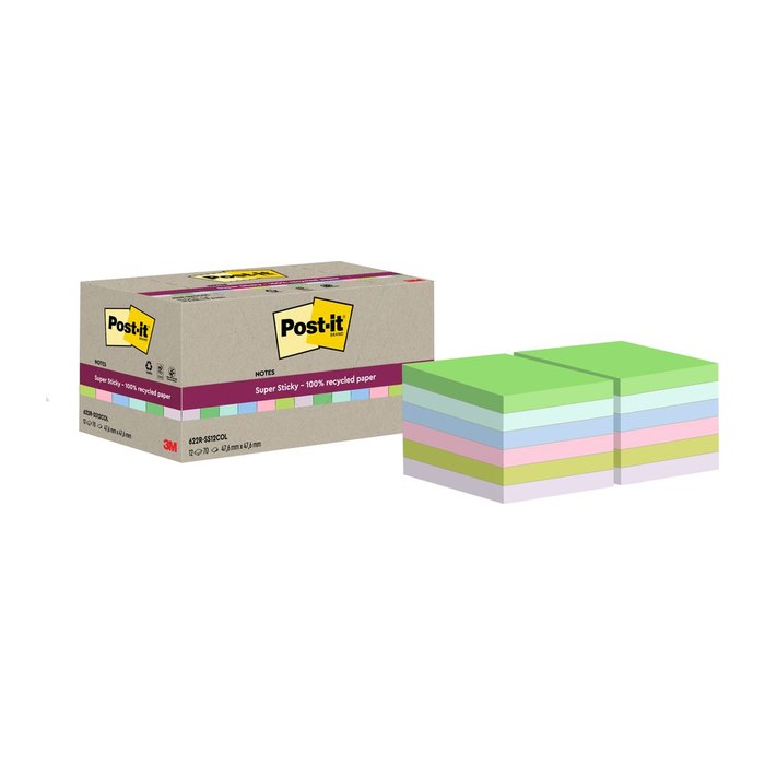 Post-it® Super Sticky Recycling Notes Haftnotizen extrastark farbsortiert, 12 Blöcke