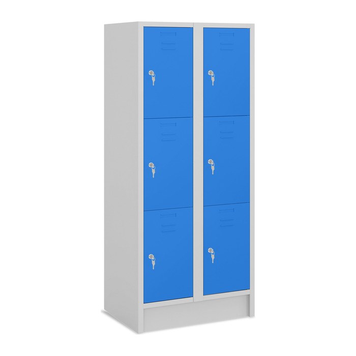 Fächerschrank (2 Abteile je 3 Fächer) 400 mm Abteilbreite – Lichtgrau (Türen Enzianblau)