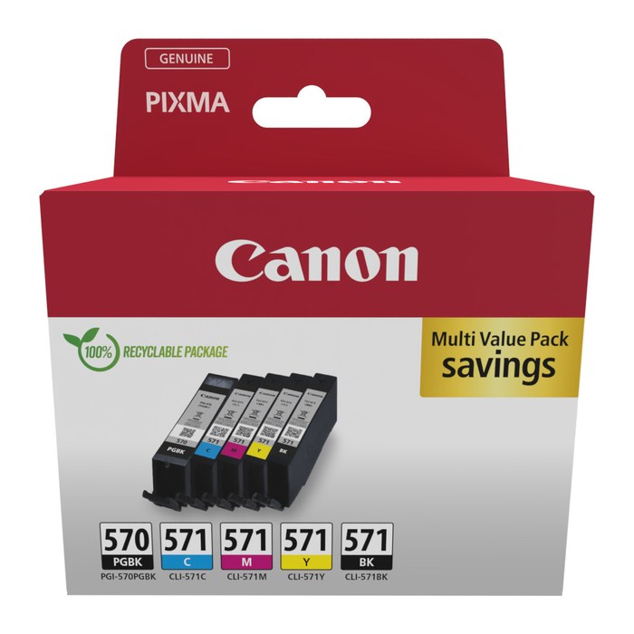Canon PGI-570 PGBK + CLI-571 BK/C/M/Y 2x schwarz, cyan, magenta, gelb Druckerpatronen, 5er-Set