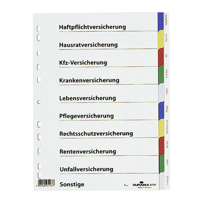 DURABLE Ordnerregister DIN A4 Vollformat blanko mit Deckblatt Versicherungen 2x blau, 2x gelb, 2x rot, 2x grün, 2x grau 10-teilig, 1 Satz