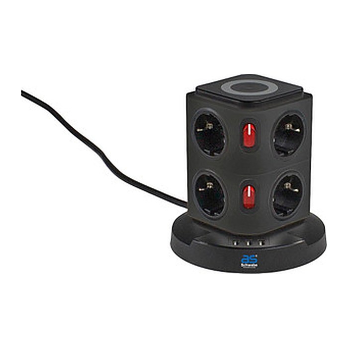as-Schwabe QI-Wireless Ladestation 8-fach Steckdosenturm 2,0 m schwarz