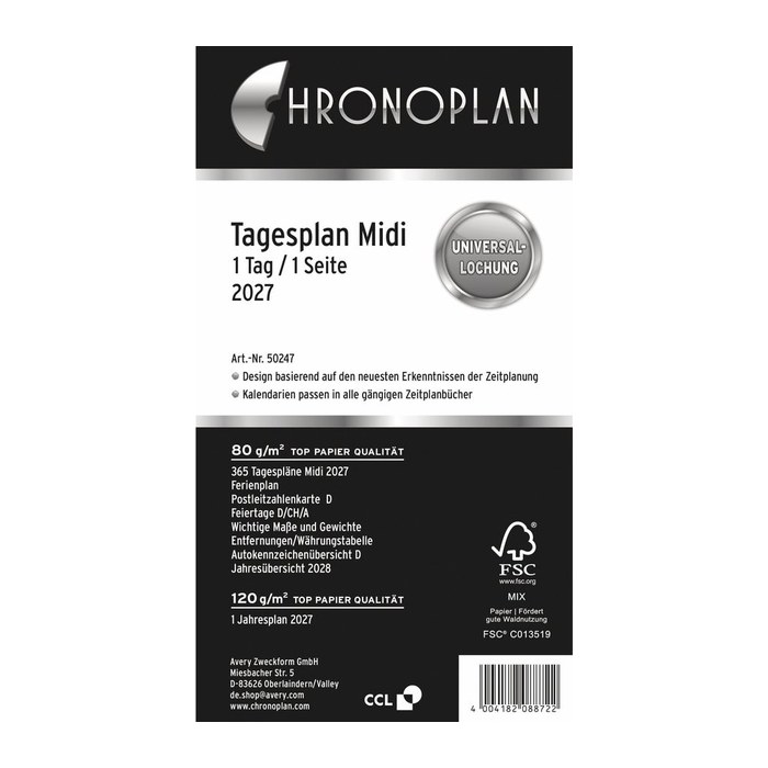 CHRONOPLAN Kalendereinlage 2027 Tagesplan Midi (9,6 x 17,2 cm)