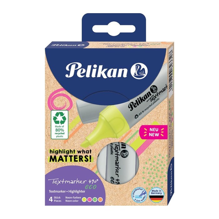 Pelikan Textmarker 490 eco Set aus 4 Neon-Farben im Etui