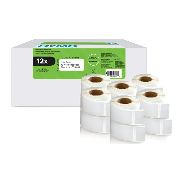 DYMO Etikettenrollen für Etikettendrucker weiß, 54,0 x 25,0 mm, 12 x 500 Etiketten