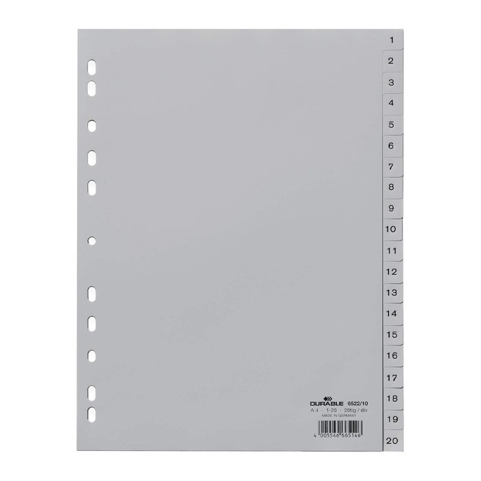 DURABLE Ordnerregister DIN A4 Vollformat 1-20 grau 20-teilig, 1 Satz
