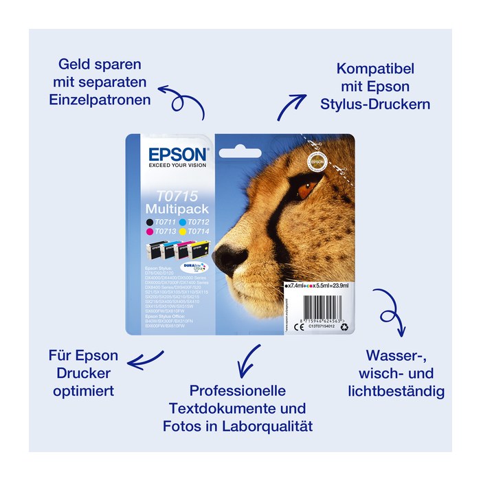 EPSON T0715 (Gepard) schwarz, cyan, magenta, gelb Druckerpatronen, 4er-Set