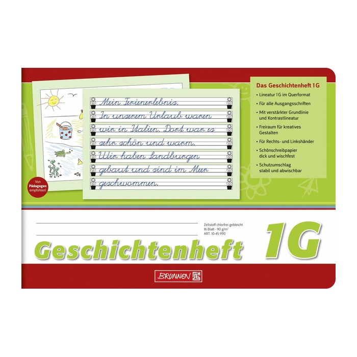 BRUNNEN Geschichtenheft Lineatur 1G liniert DIN A5 quer ohne Rand, 16 Blatt, 1 St.