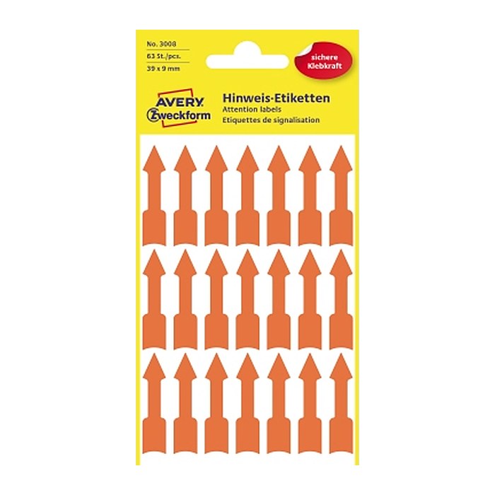 AVERY Zweckform Hinweisetiketten 3008 Pfeile, leuchtorange 9,0 x 39,0 mm, 63 Etiketten