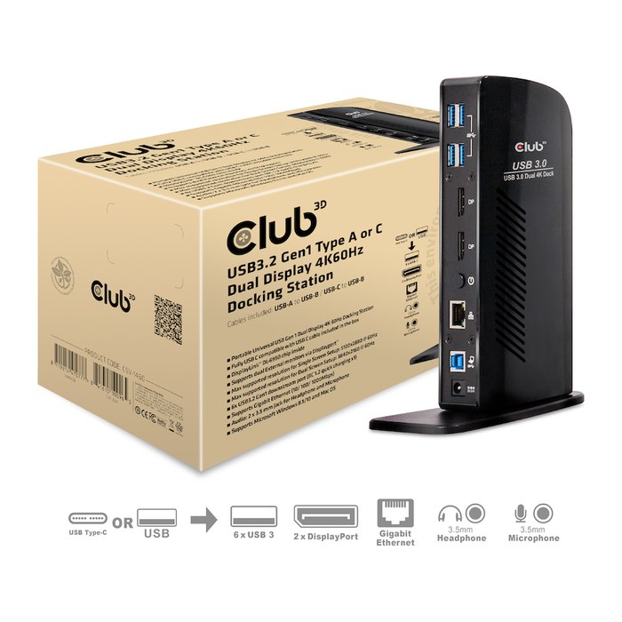 Club3D 4K Dockingst.60Hz USB3 ->6xUSB3/2xDP/LAN/Audio bl. retail
