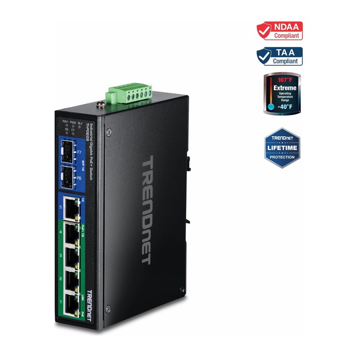TRENDnet Industrial Switch 7-Port Gbit PoE+ 2x SFP DIN-Rail
