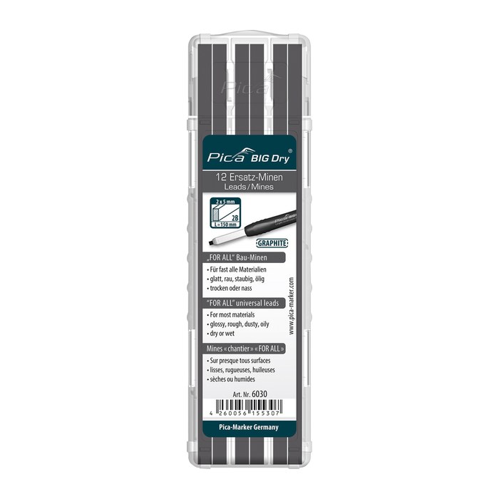 Pica Big Dry For All 6030 Bleistiftminen für Zimmermannsbleistift mit Druckmechanismus grau 2B 2,0 - 5,0 mm, 12 St.
