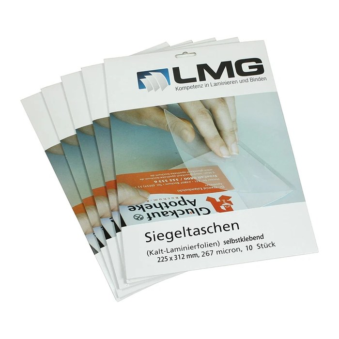 LMG Kaltlaminierfolien glänzend für A4 Vorderseite: 67 micron / Rückseite: 200 micron selbstklebender Rücken, 10 St.