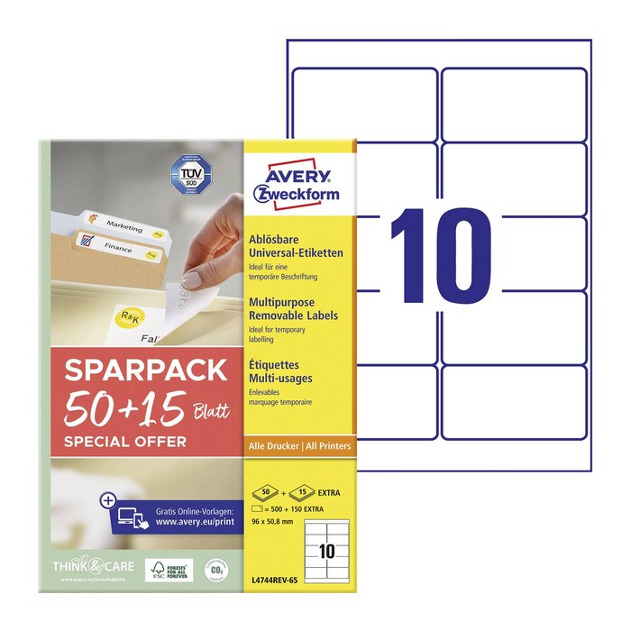 AVERY Zweckform Etiketten weiß 96,0 x 50,8 mm, 65 Blatt