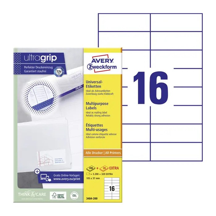 AVERY Zweckform Etiketten 3484-200 weiß 105,0 x 37,0 mm, 220 Blatt