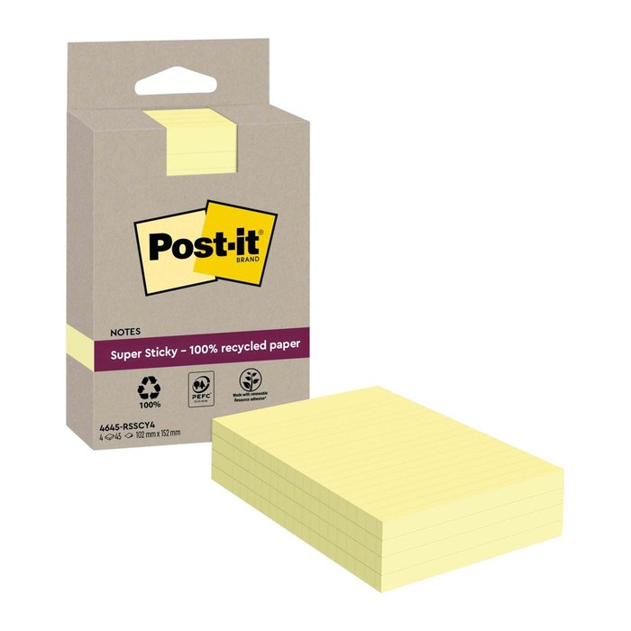 Post-it® Super Sticky Recycling Notes Haftnotizen extrastark gelb, 4 Blöcke