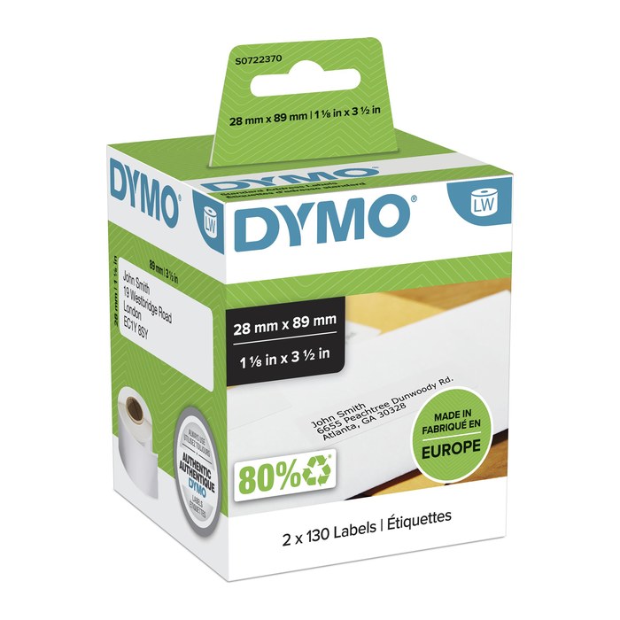 DYMO Etikettenrollen für Etikettendrucker S0722370 weiß, 28,0 x 89,0 mm, 2 x 130 Etiketten