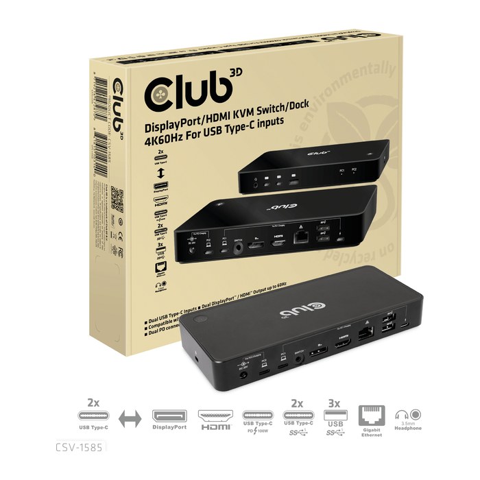 Club3D KVM Switch 4K60Hz 2x USB-C> HDMI/DP/3xUSB/2xUSB-C/LAN retail