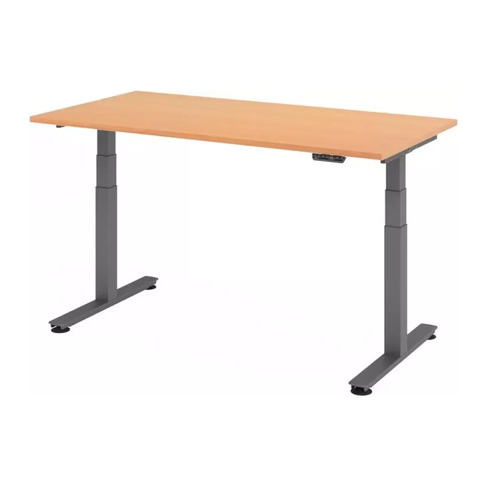 HAMMERBACHER XDSM16 elektrisch höhenverstellbarer Schreibtisch buche rechteckig, T-Fuß-Gestell grau 160,0 x 80,0 cm