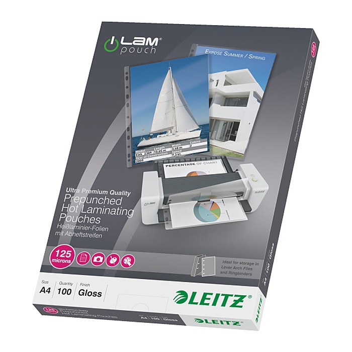 LEITZ Laminierfolien glänzend für A4 125 micron Universal-Lochung, 100 St.