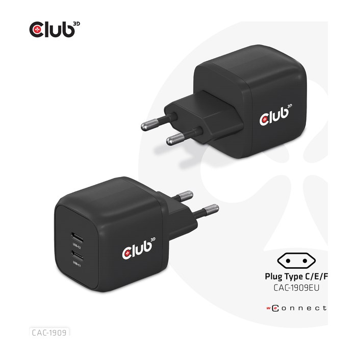 Club3D Ladegerät 2xUSB Typ C PD 45W, GaN retail