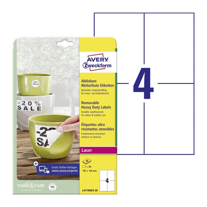AVERY Zweckform wetterfeste Folienetiketten L4719REV-20 weiß 105,0 x 148,0 mm, 20 Blatt