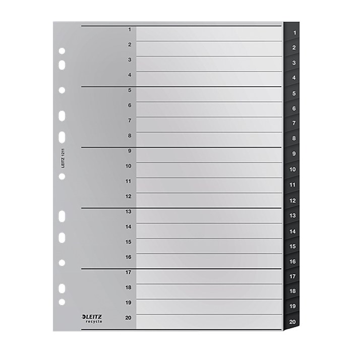 LEITZ Ordnerregister recycle 1211 DIN A4 Vollformat, Überbreite 1-20 schwarz 20-teilig, 1 Satz