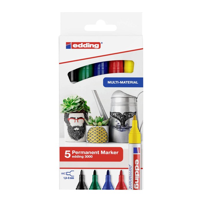 edding 3000 Basic Permanentmarker farbsortiert 1,5 - 3,0 mm, 5 St.
