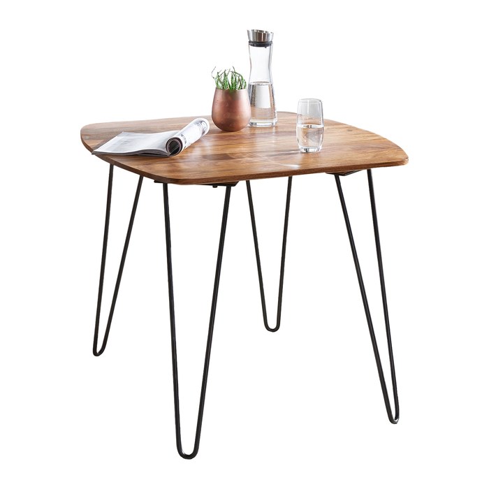 WOHNLING Esstisch sheesham quadratisch, Haarnadelbeine schwarz, 80,0 x 80,0 x 76,0 cm