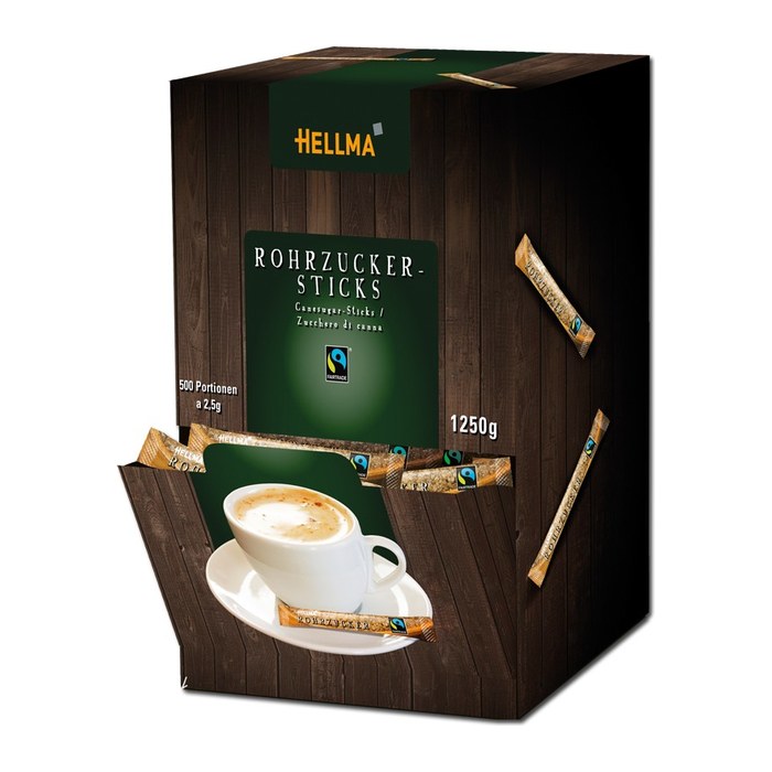 HELLMA Fairtrade Rohrohrzucker-Sticks, 500x4,0 g