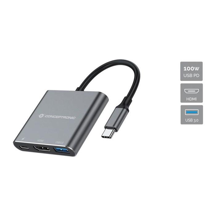 CONCEPTRONIC 3-1 Dock USB-C->HDMI/USB-A/100WPD 25cm gr