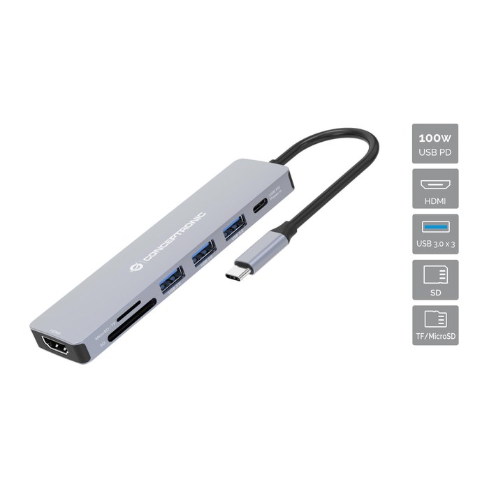 CONCEPTRONIC 7-1 Dock USB-C->HDMI/3xUSB-A/SD/TF/+ 25cm gr